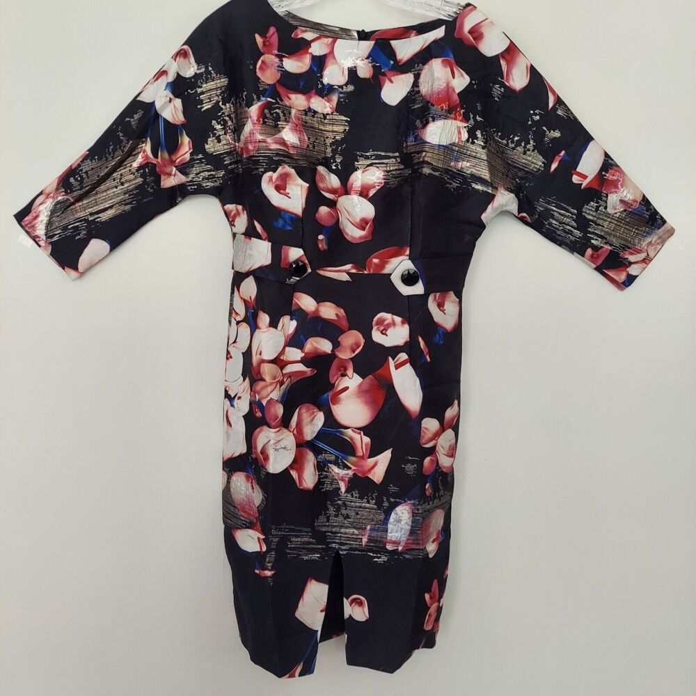 Gyalwana Size 9 Black Dress Floral Metallic Sheath Career Work Church